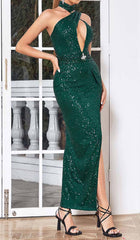 CUT OUT SEQUINS MAXI DRESS IN FOREST GREEN