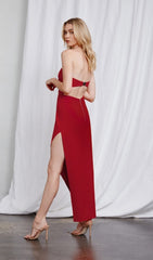 CUT OUT SPLIT STRAPLESS BANDAGE MIDI DRESS IN RED