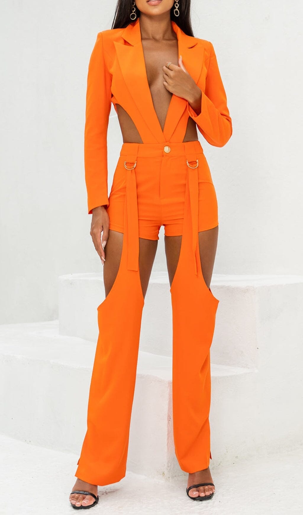 CUTOUT BACKLESS THREE PIECE SET IN ORANGE