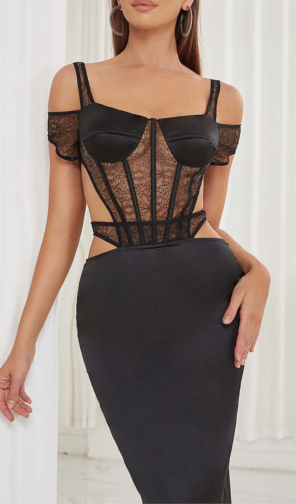 CUTOUT CORSET LACE MIDI DRESS IN BLACK – Aesvs