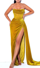 PRIYA GOLD DRAPING CORSET HIGH SLIT VELVET GOWN