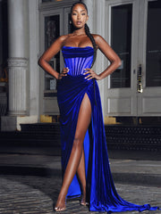 PRIYA ROYAL BLUE DRAPING CORSET HIGH SLIT VELVET GOWN