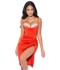 NYLA RED SATIN CORSET DRESS WITH CRYSTALS