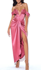 XOPHIA MAUVE PINK OFF SHOULDER SATIN CORSET HIGH SLIT DRESS