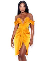 DREYA GOLD OFF SHOULDER SATIN CORSET DRESS