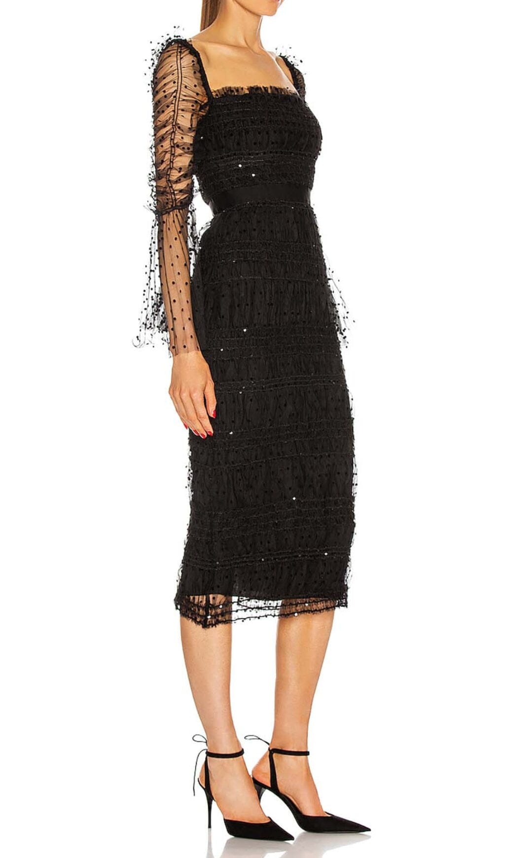 DOT MESH MIDI DRESS IN BLACK