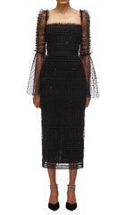 DOT MESH MIDI DRESS IN BLACK