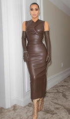 DRAPED LEATHER PU MIDI DRESS IN BROWN