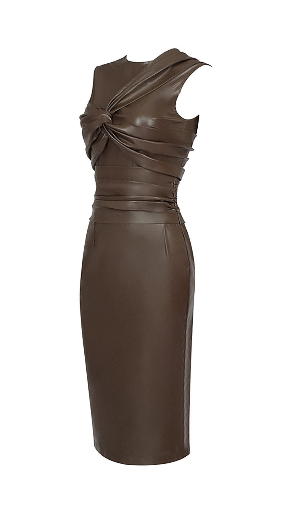 DRAPED LEATHER PU MIDI DRESS IN BROWN