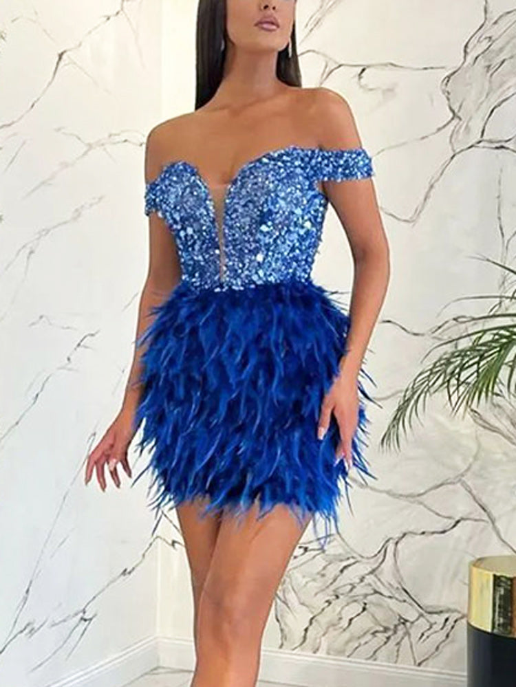 Feather Sequin Off Shoulder Dress