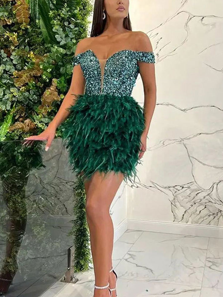 Feather Sequin Off Shoulder Dress