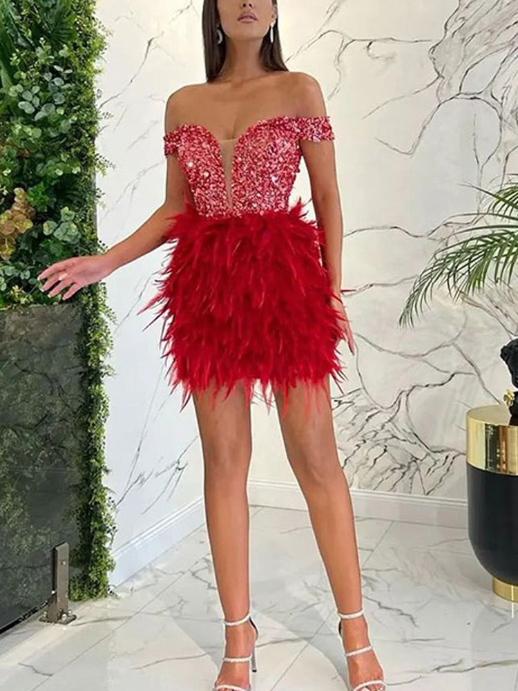 Feather Sequin Off Shoulder Dress