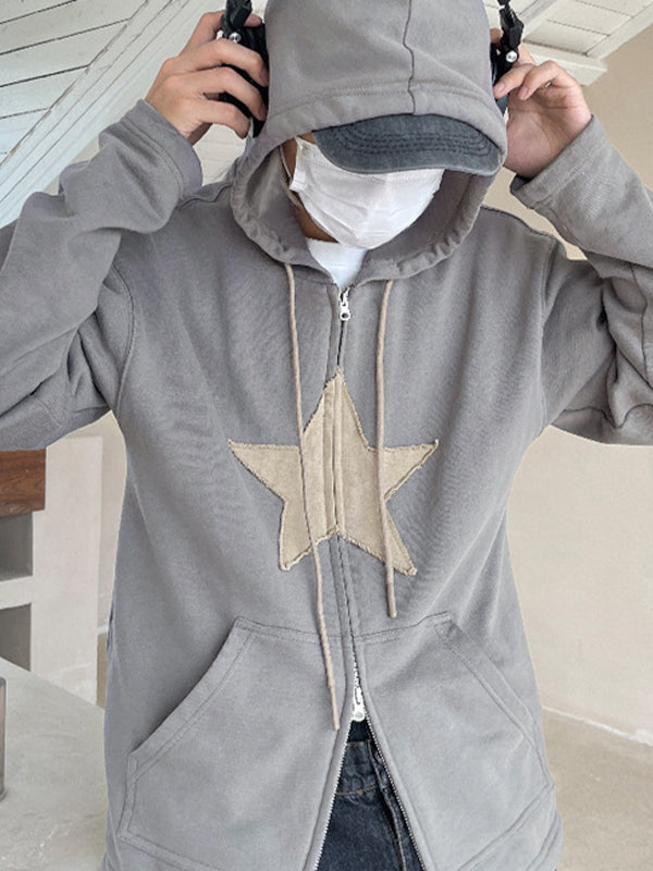 Vintage Star Patch Baggy Zip Up Hoodie