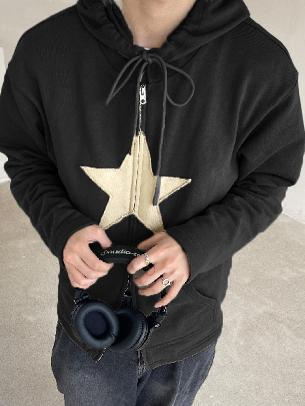 Vintage Star Patch Baggy Zip Up Hoodie