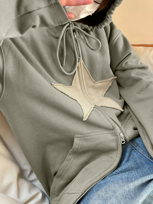 Vintage Star Patch Baggy Zip Up Hoodie