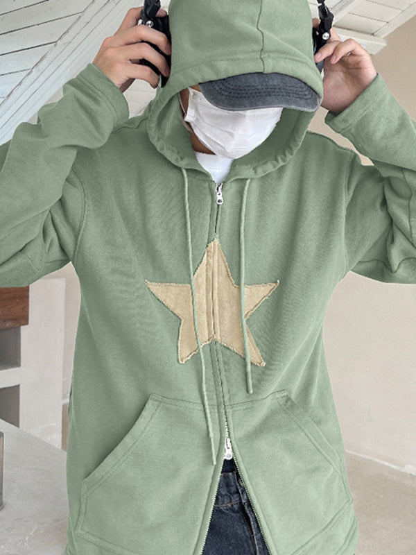 Vintage Star Patch Baggy Zip Up Hoodie