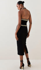 EMBELLISHED HALTER MIDI DRESS IN BLACK