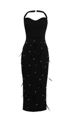 FEATHER RHINESTONES BODYCON MIDI DRESS IN BLACK