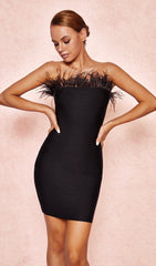 FEATHER STRAPLESS DRESS IN BLACK