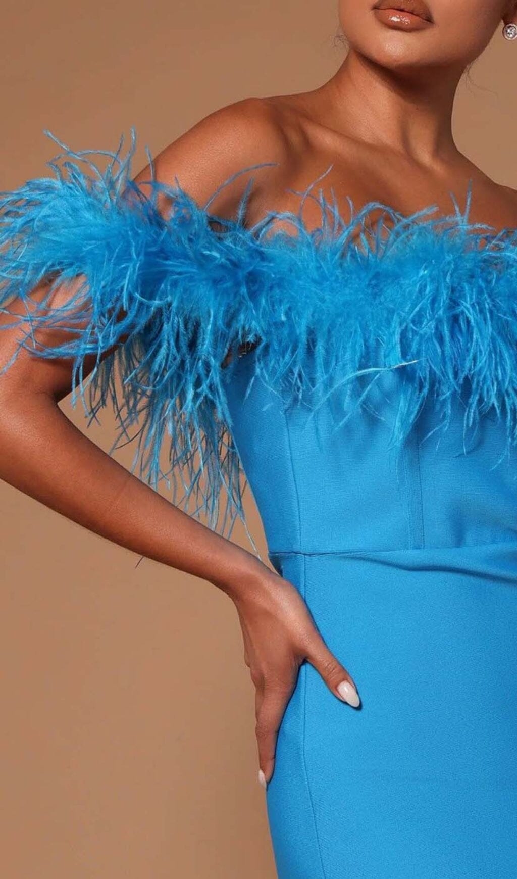 FEATHER TRIM OFF THE SHOULDER HIGH LOW DRESS IN BLUE – Aesvs