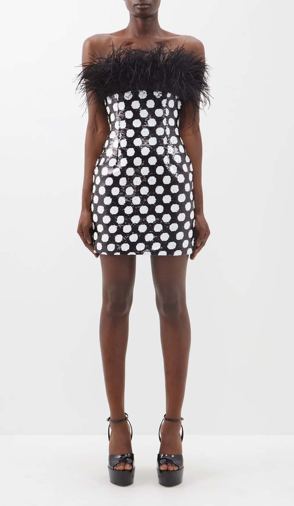 FEATHER TRIM POLKA DOT MINI DRESS