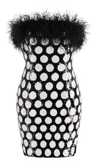 FEATHER TRIM POLKA DOT MINI DRESS