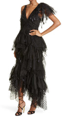 FEATHER V-NECK FLUTED MIDI DRESS IN BLACK