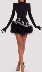 FEATHER VELVET GLOVES MINI DRESS IN BLACK