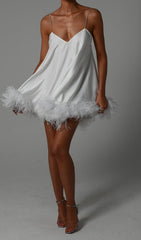 FEATHER HEM MINI DRESS IN LVORY