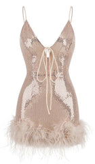 FEATHER PLUNGE MINI DRESS IN CREAMY BEIGE