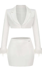 FEATHERS JACKET AND SHORT SKIRT IN WHITE