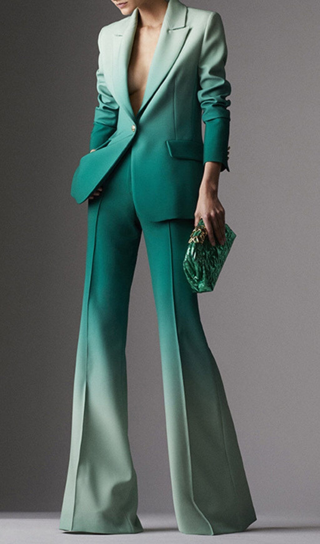 FLARE TROUSERS JACKET SUIT IN OMBRE GREEN