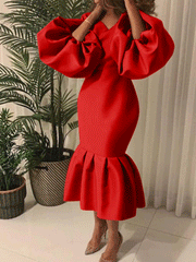 Lantern Sleeve Midi Fishtail Dress