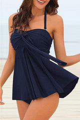 Solid Color Feminine Tankini Swimdress