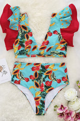 Pawpaw Print Deep V Neck Cute Ruffles High Waist Bikini