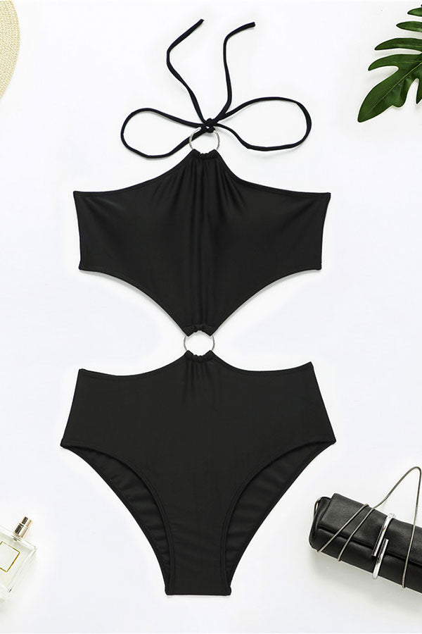 Solid Color Halter Collar On-trend Cutout One Piece Swimwear