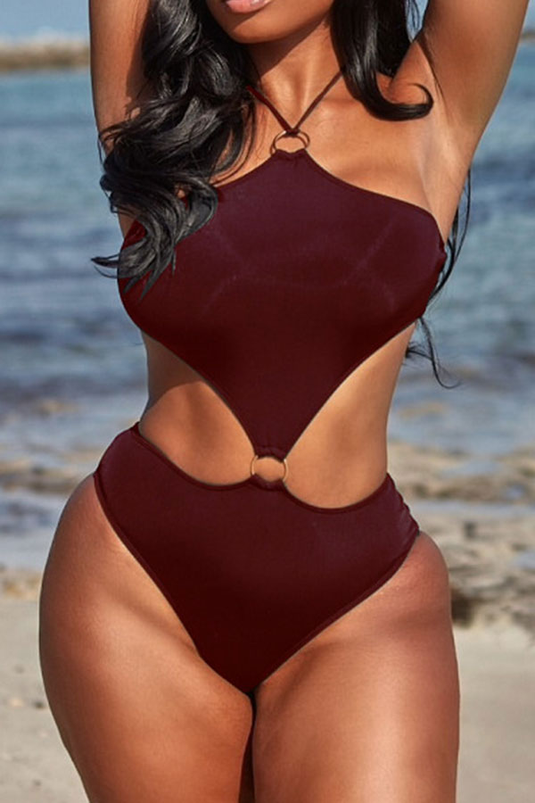 Solid Color Halter Collar On-trend Cutout One Piece Swimwear