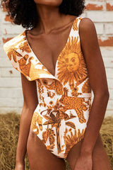 Natural Print Ruffle Shoulder Asymmetric Retro Strappy One Piece Swimwear
