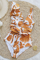 Natural Print Ruffle Shoulder Asymmetric Retro Strappy One Piece Swimwear