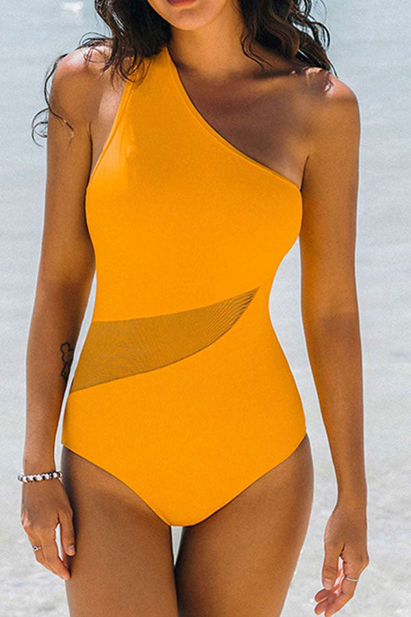 Mesh Patchwork Sporty One Shoulder Backless One Piece Swimwear