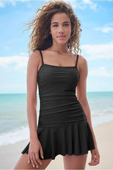 Solid Color Cute Ruffle Skirted Tankini