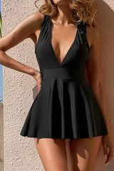 Solid Color Girly Open Back Skirted Tankini