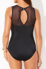 Solid Color Lowkey Mesh Patchwork One Piece Swimwear