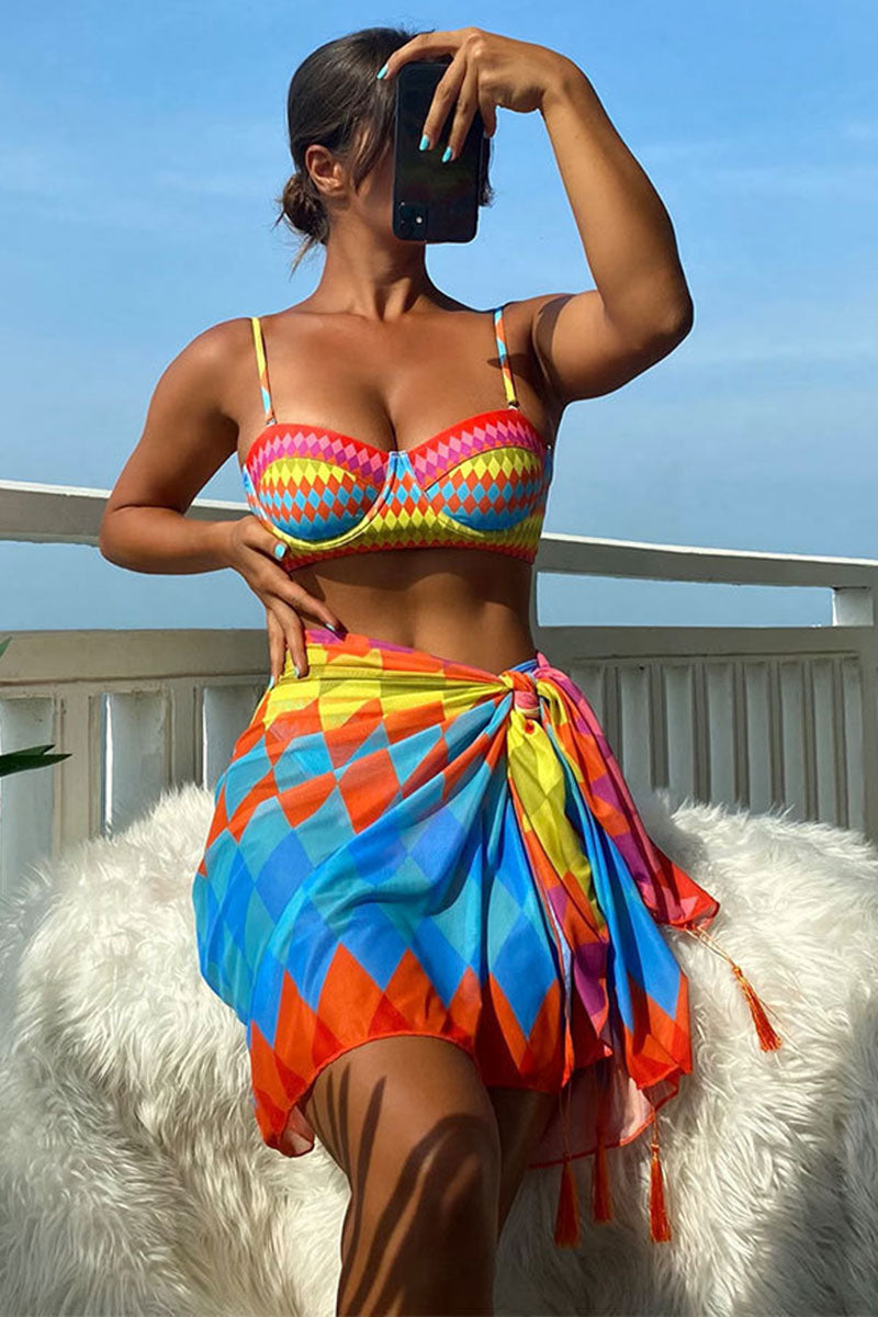 Rhombus Print Colorful Underwired Lace-Up Three Pieces