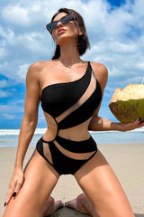 Mesh Patchwork Kitsch One Shoulder One Piece Swimwear