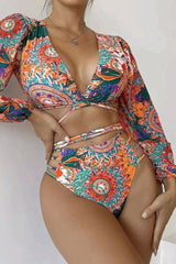 Paisley Print Long Sleeve Retro Strappy Bikini