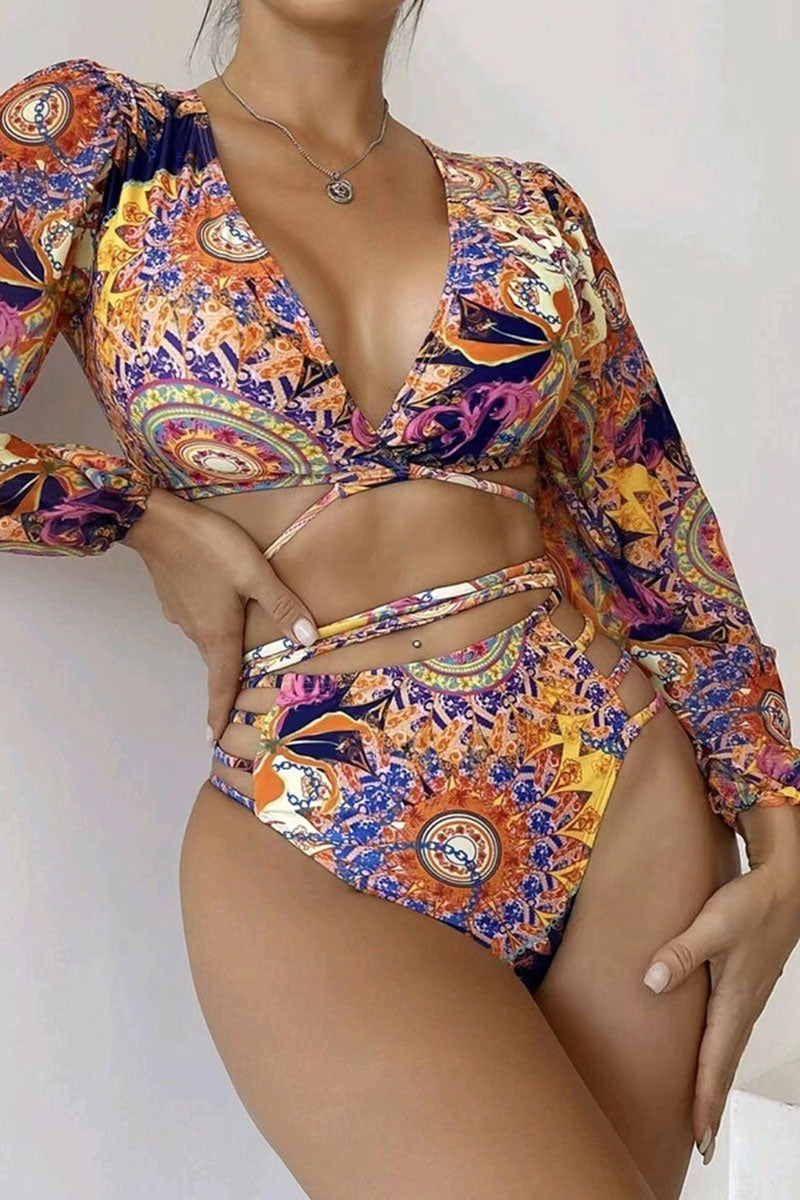Paisley Print Long Sleeve Retro Strappy Bikini
