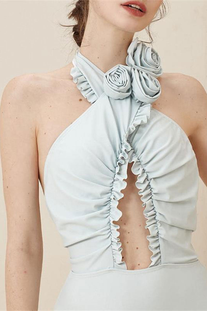 Solid Color Elegant Cross Halter 3D Flower Decor One Piece Swimwear