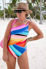 Rainbow Striped On-trend One Shoulder One Piece Swimwear