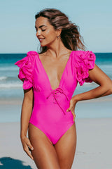 Solid Color Girly Ruffle Sleeve One Piece Swimwear